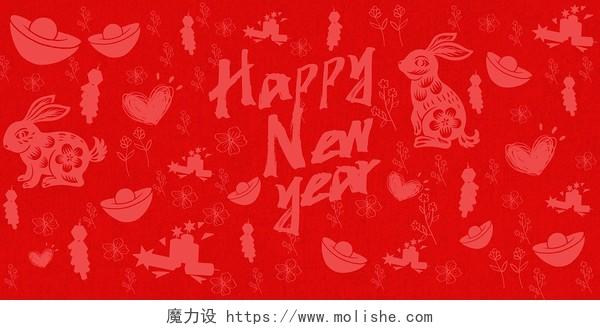 红色喜庆鞭炮鲜花线条剪纸2023兔年展板背景2026新年兔年春节